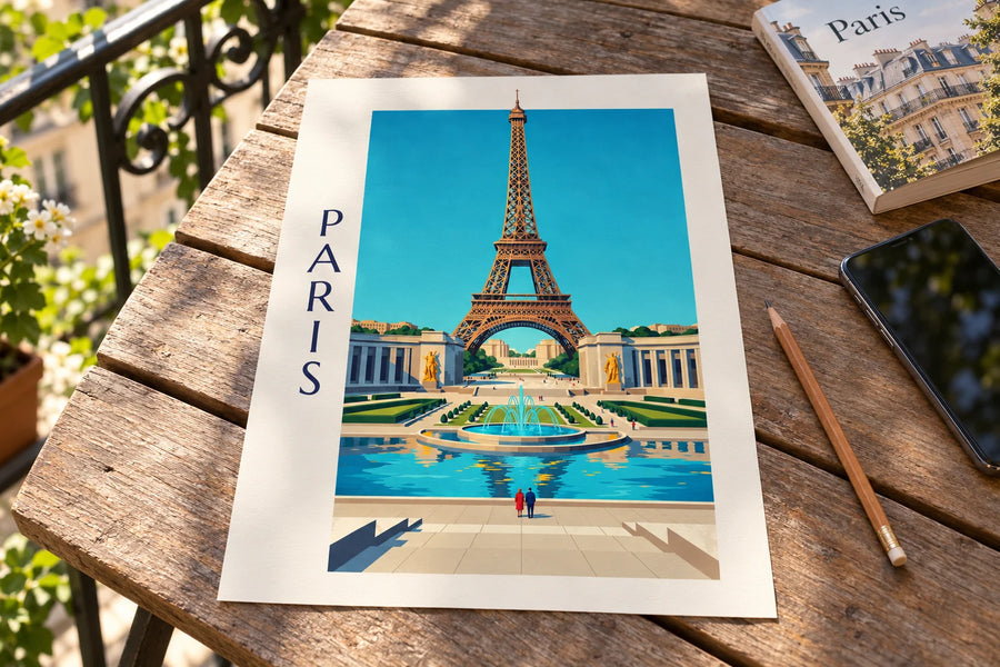 Plakat med Palais de Chaillot og Trocadéro-fontænerne i Paris: liggende på et bord