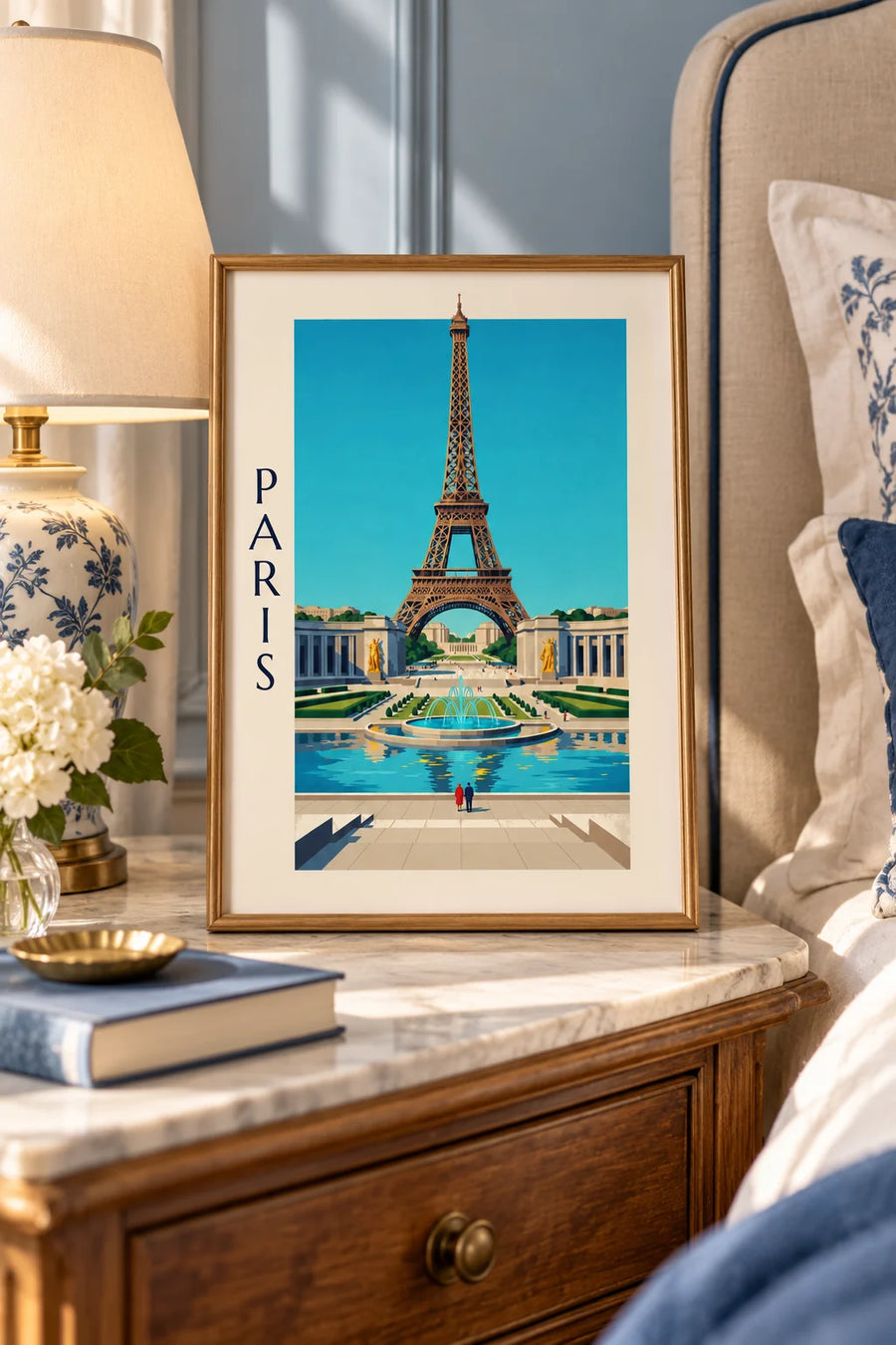 Plakat med Palais de Chaillot og springvandene ved Trocadéro i Paris: lille A4 i ramme
