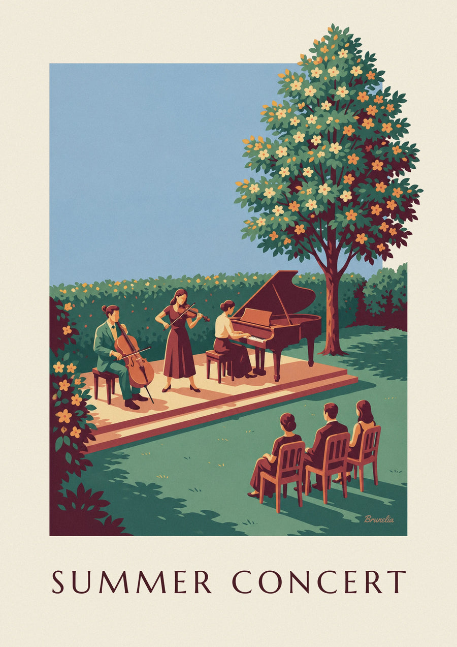 Plakat med klassisk musiktrio til udendørs sommerkoncert