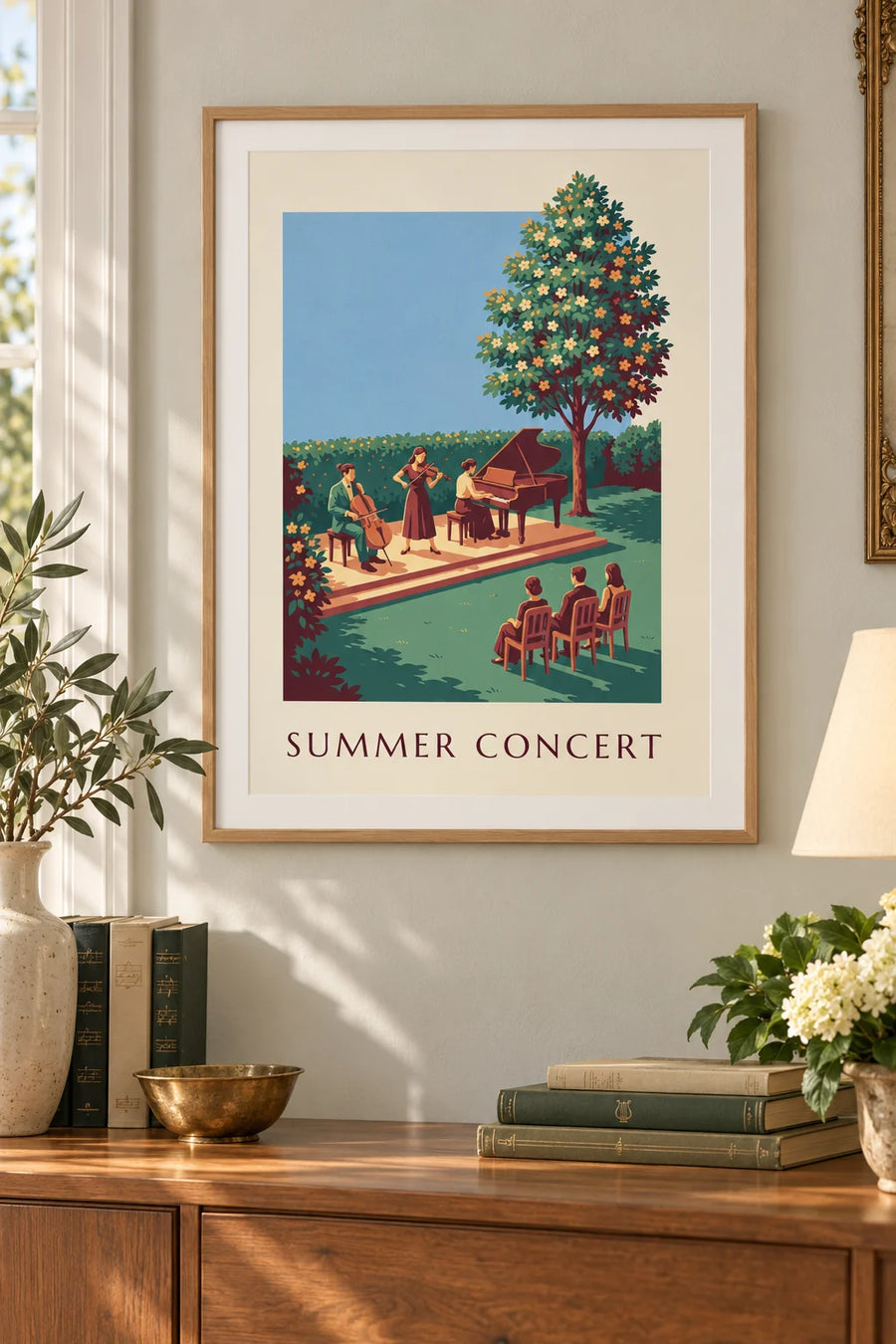 Plakat med klassisk musiktrio til sommerkoncert under åben himmel: indrammet på væggen