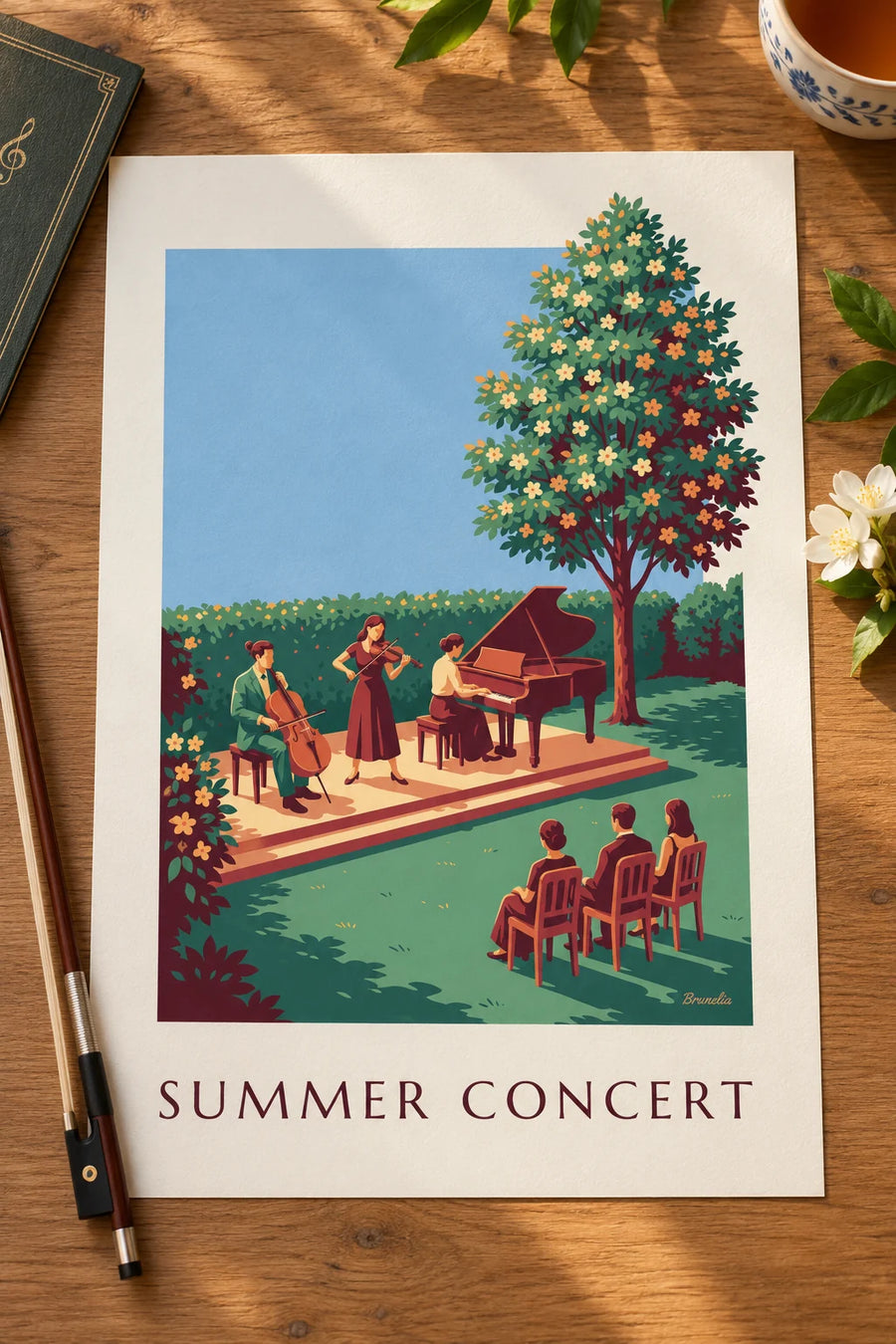 Plakat med klassisk musiktrio til sommerkoncert under åben himmel: på et bord