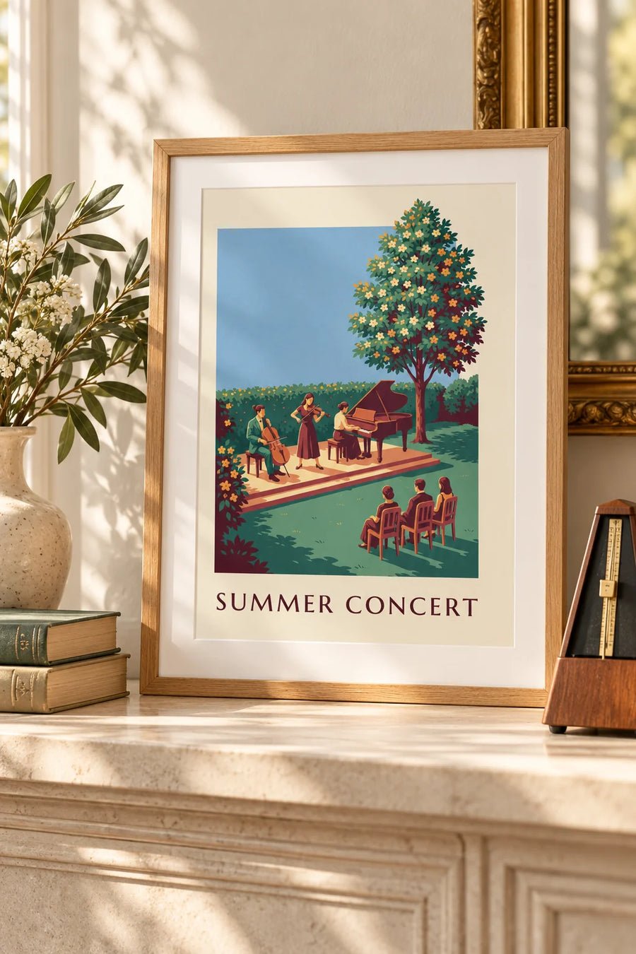 Plakat med klassisk musiktrio til sommerkoncert under åben himmel: lille A4-format i ramme