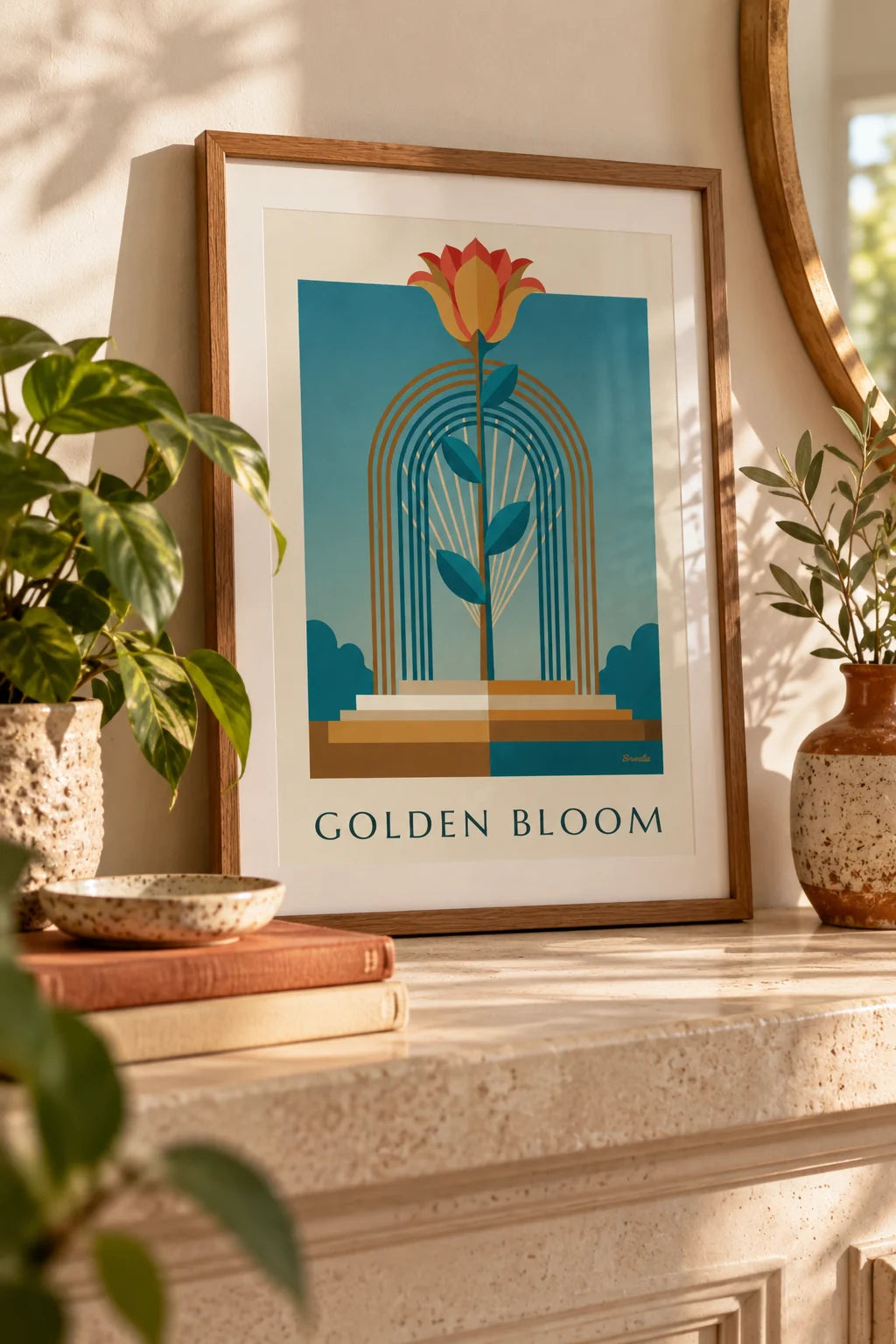 Bedroom: Golden stylized flower in a geometric frame poster on the wall