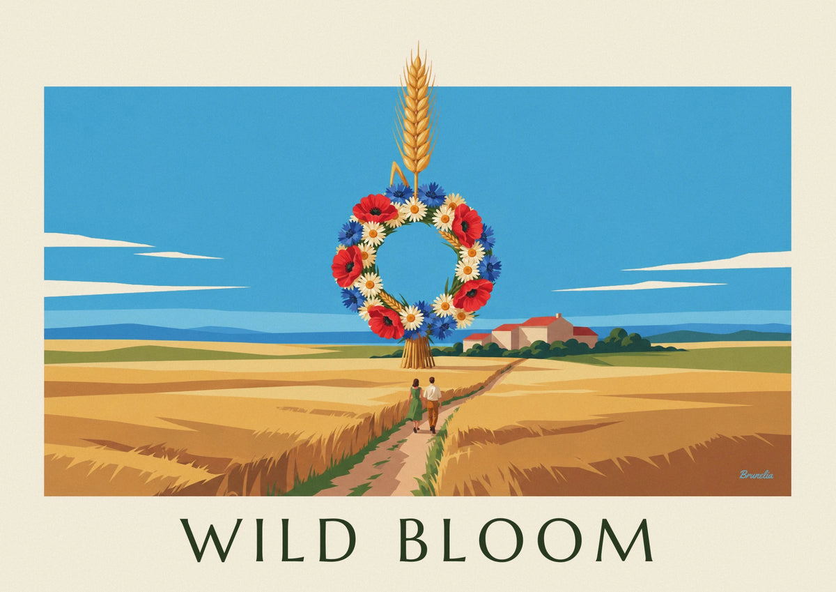 Affiche couronne de fleurs des champs et épis de blé