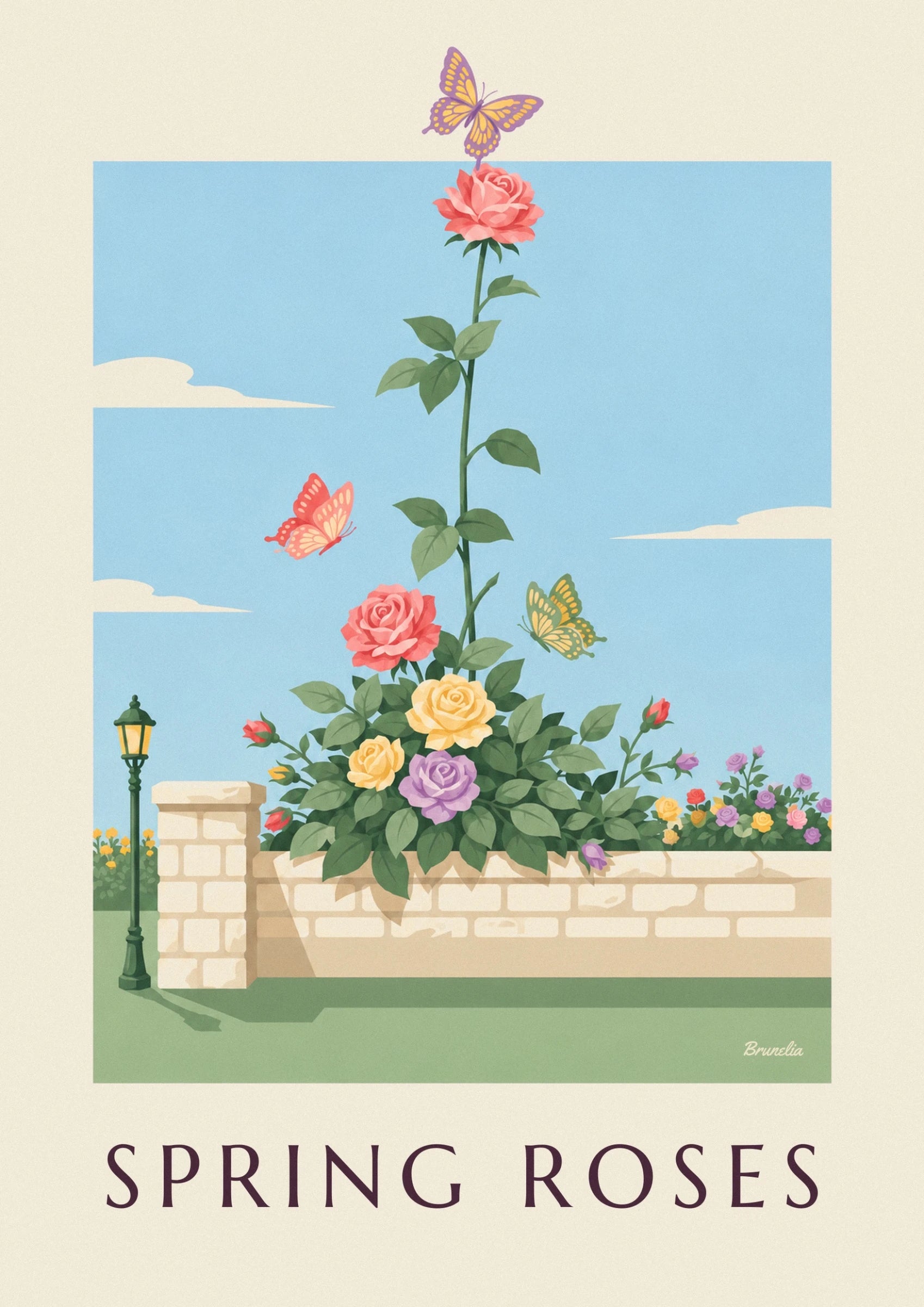 Des roses roses, jaunes et mauves près d’un papillon aux ailes jaunes et vertes