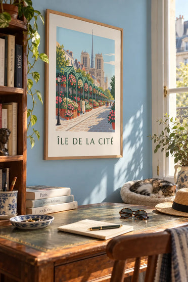 Poster of the Île de la Cité flower market and Notre-Dame: framed on the wall