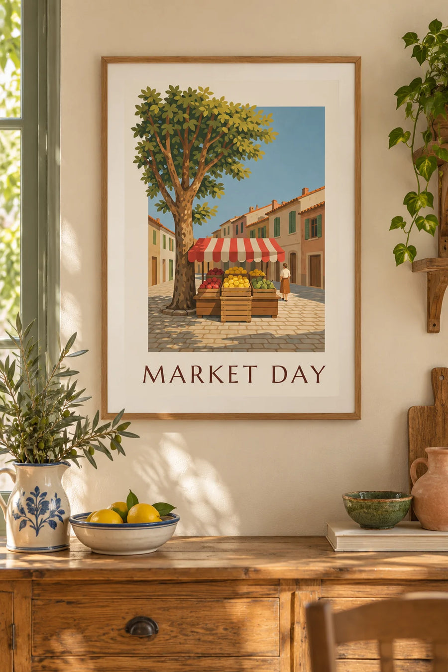 Plakat med kasse med citroner på en markedsstand: indrammet på væggen