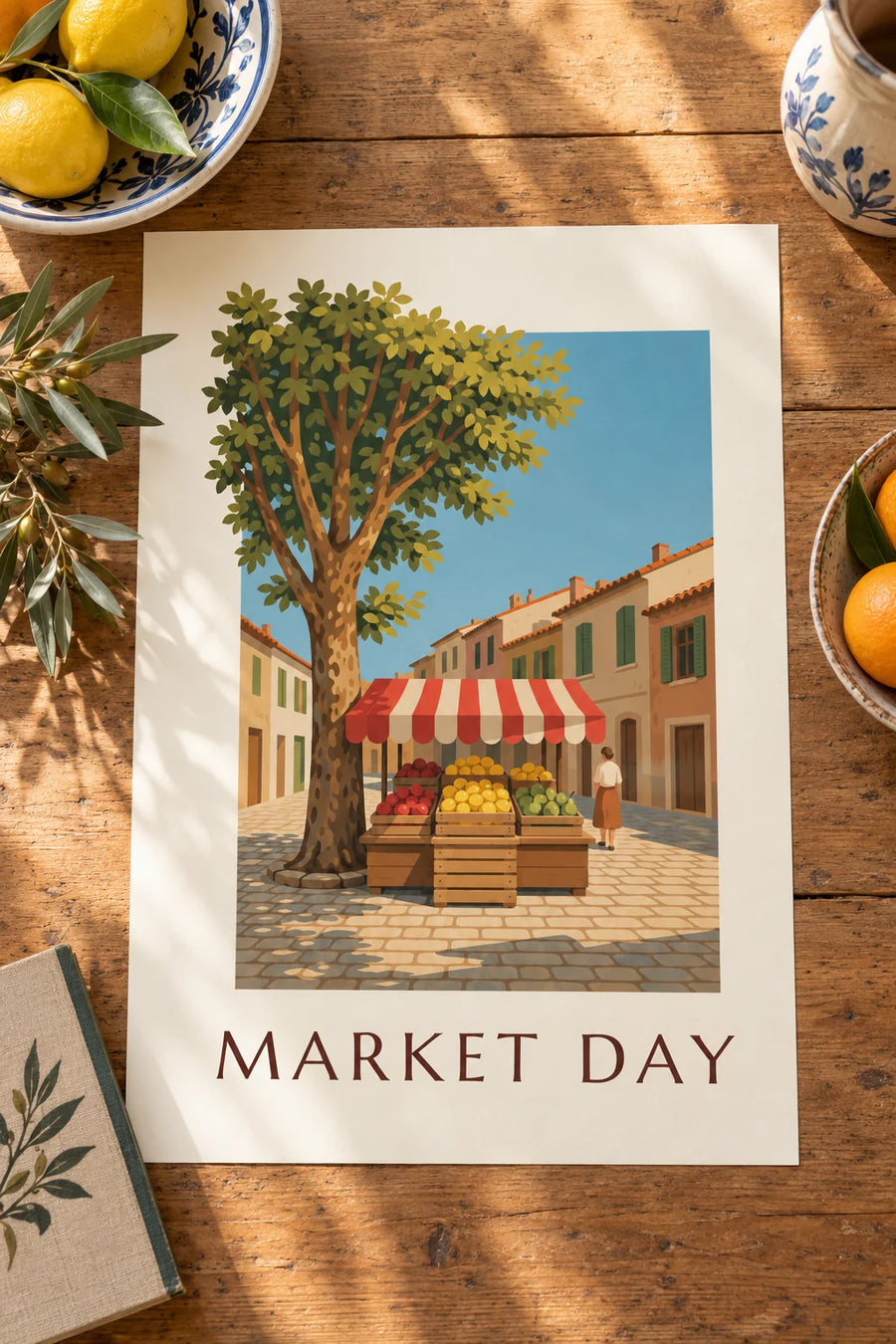 Plakat med kasse med citroner på et markedsstadeplads: stående på et bord