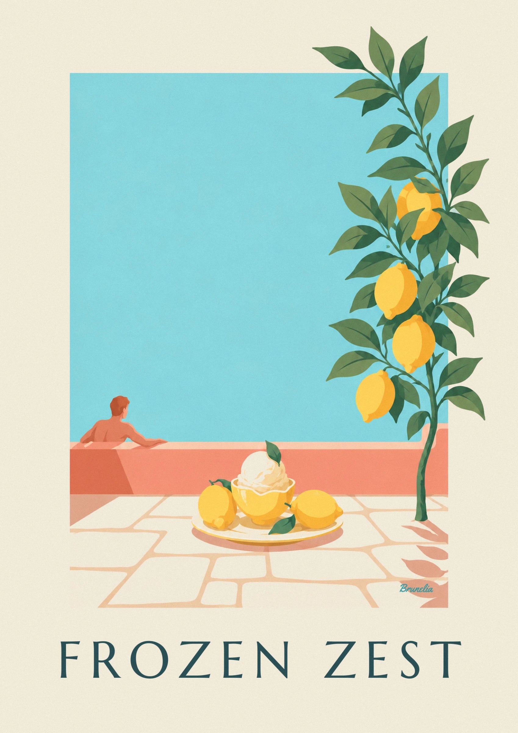 Sorbeten i sin citronskal, omgivet af 2 citroner på en tallerken