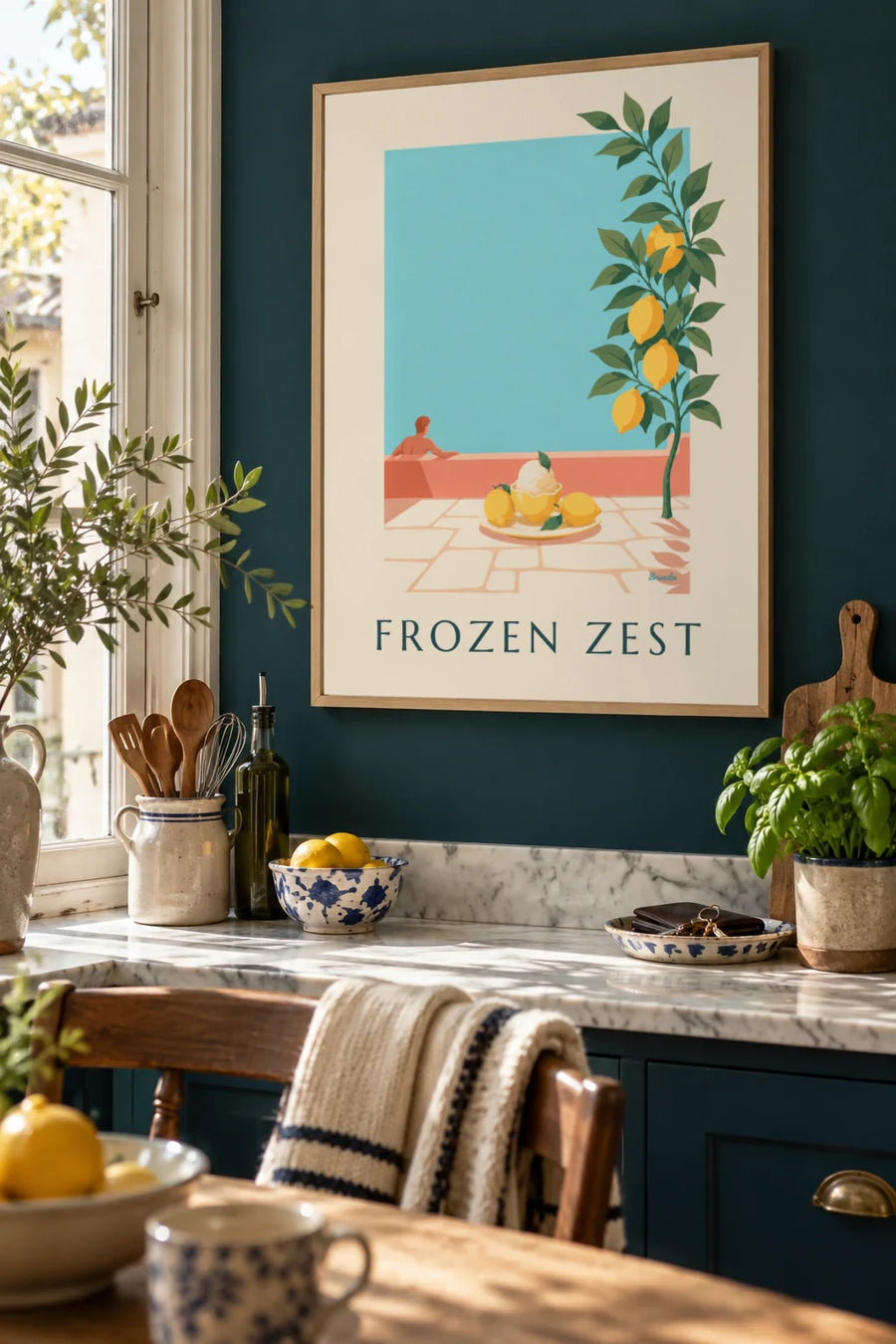 Plakat med citronsorbet serveret i sin egen skal og et mynteblad: indrammet på væggen