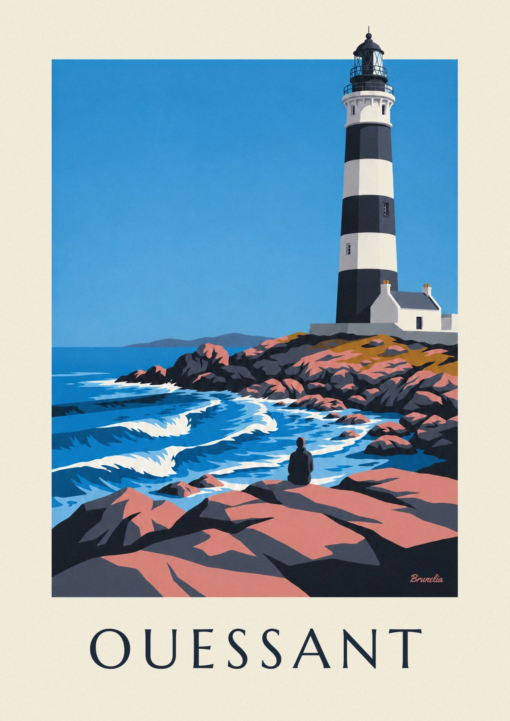 The tower of the Créac'h lighthouse, striped black and white against the blue sky