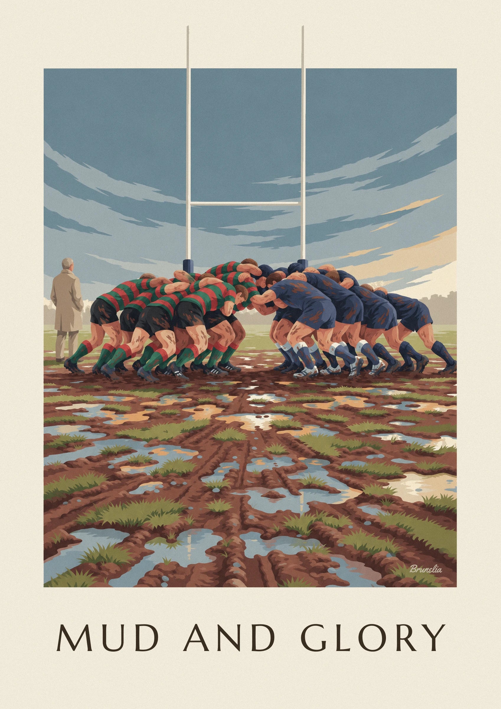 Plakat med rugbyscrum i mudder under regnfuld himmel: nærbillede af detalje