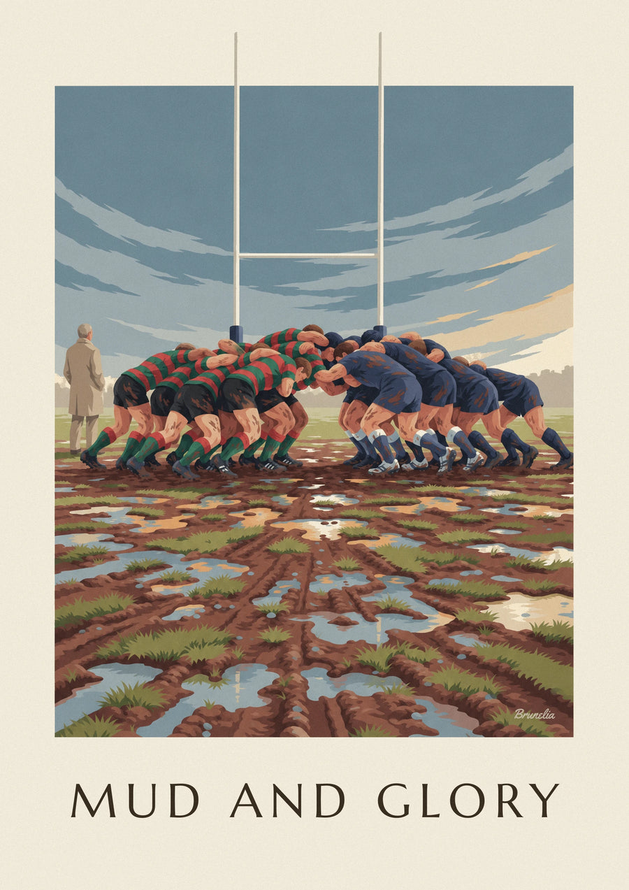 Plakat med rugbyscrum i mudder under regnfuld himmel
