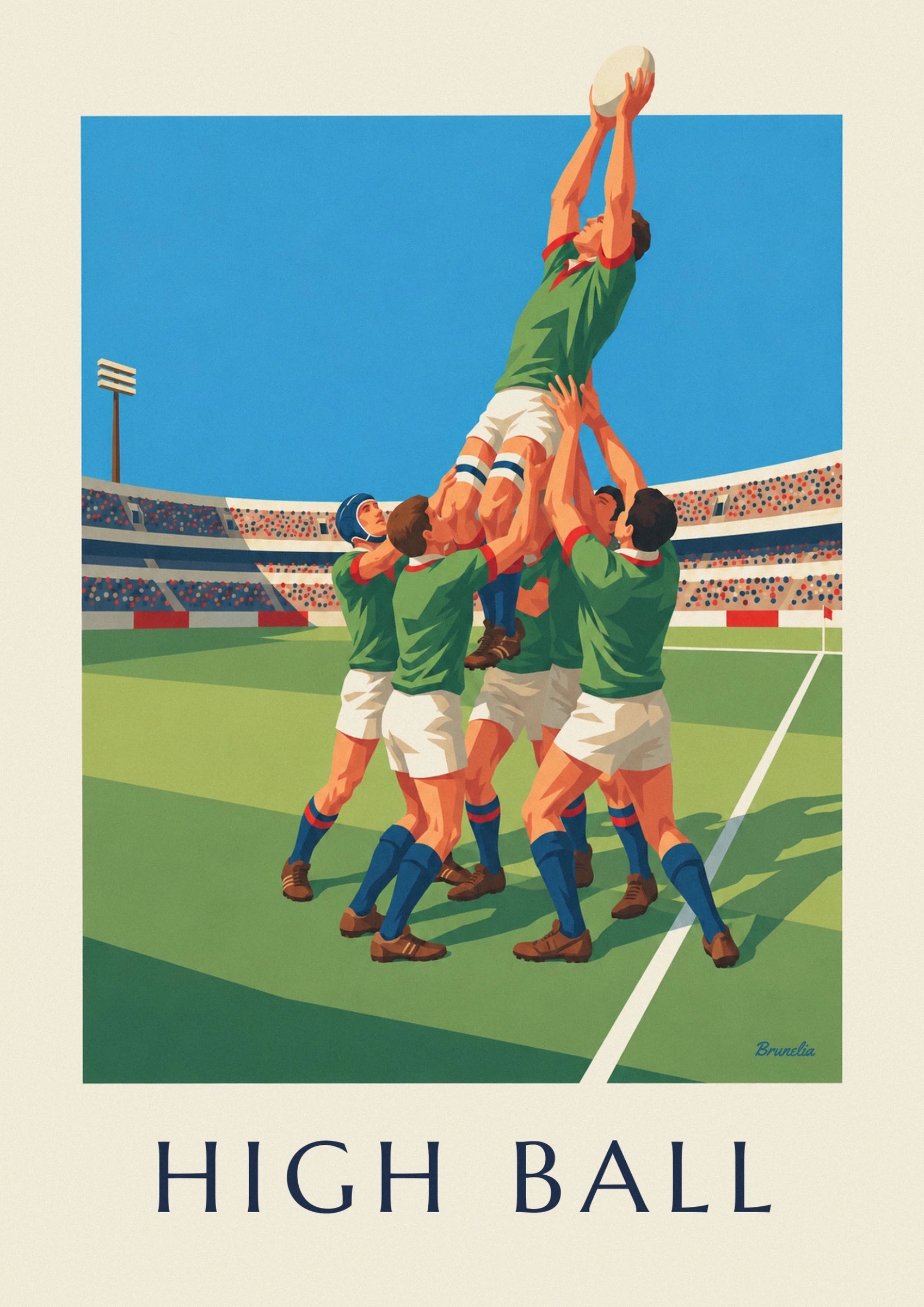 Le sauteur en maillot vert, bras tendus vers le ballon, porté dans le ciel bleu