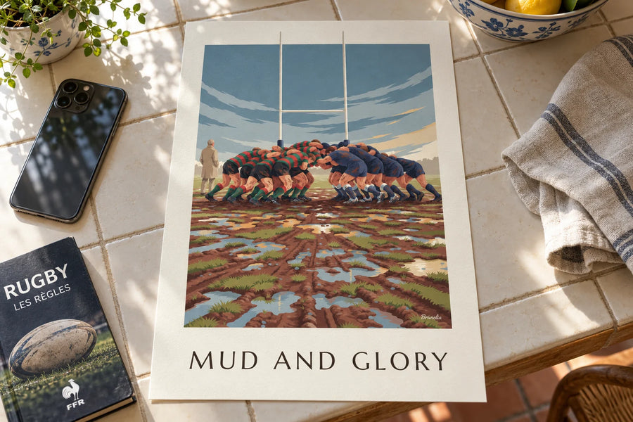 Plakat med rugbyklynge i mudderet under regnfuld himmel: stillet på et bord