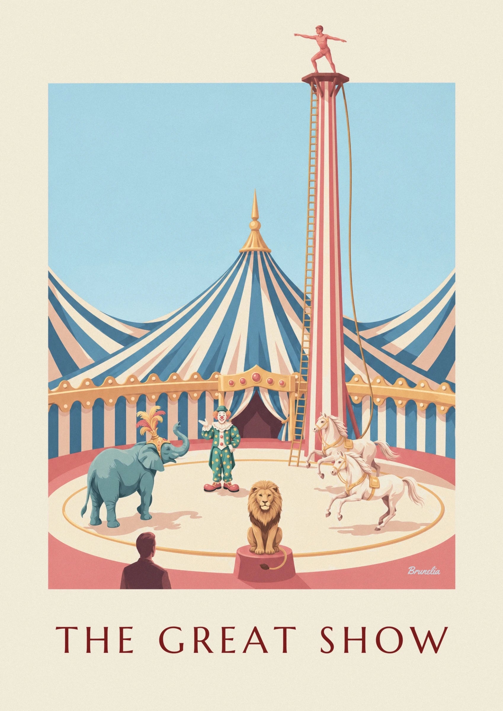 The clown in a green costume with yellow polka dots and the lion sitting on its red stool