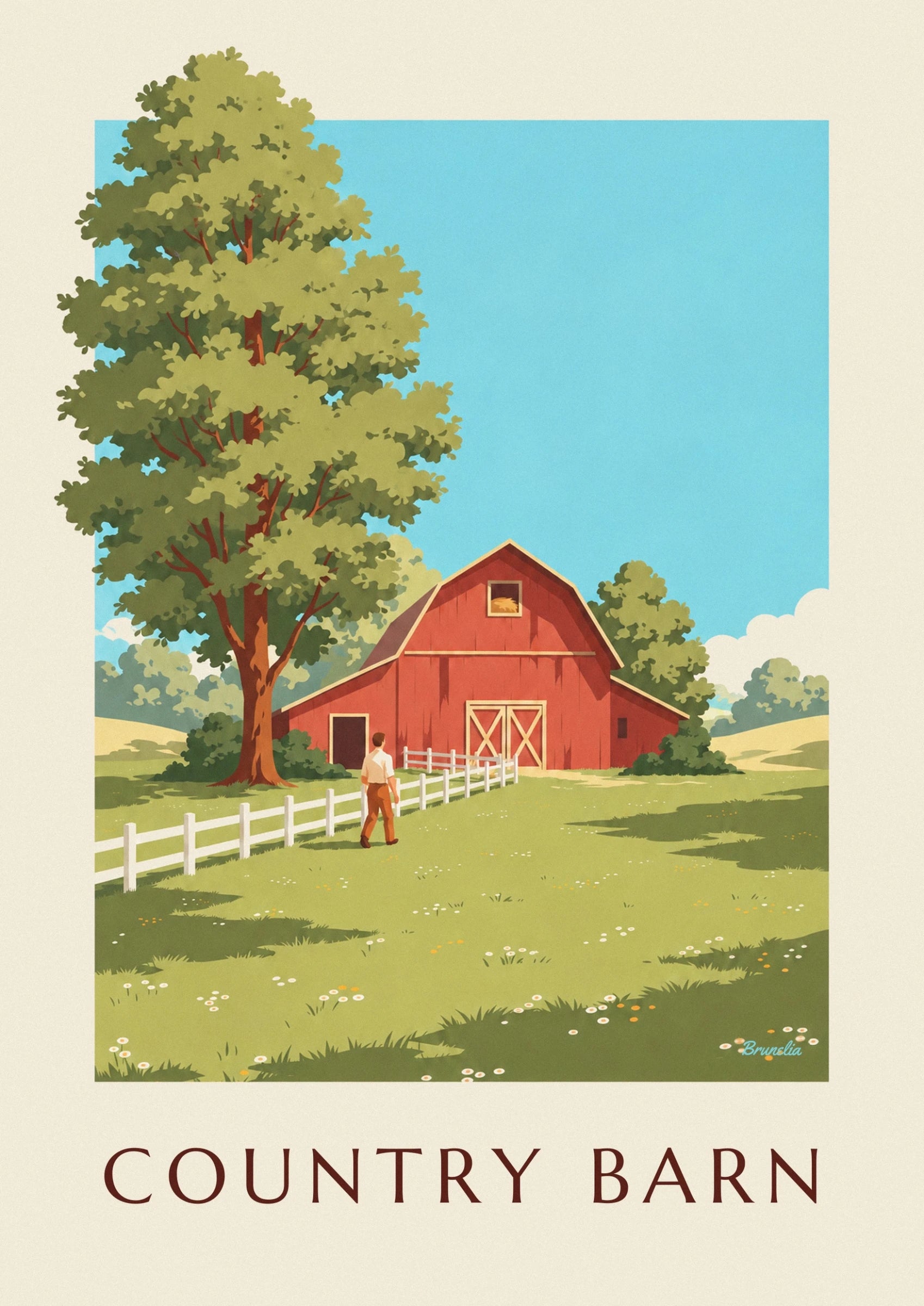The red barn with a gambrel roof, large cross-braced doors and a hayloft dormer, near a white fence