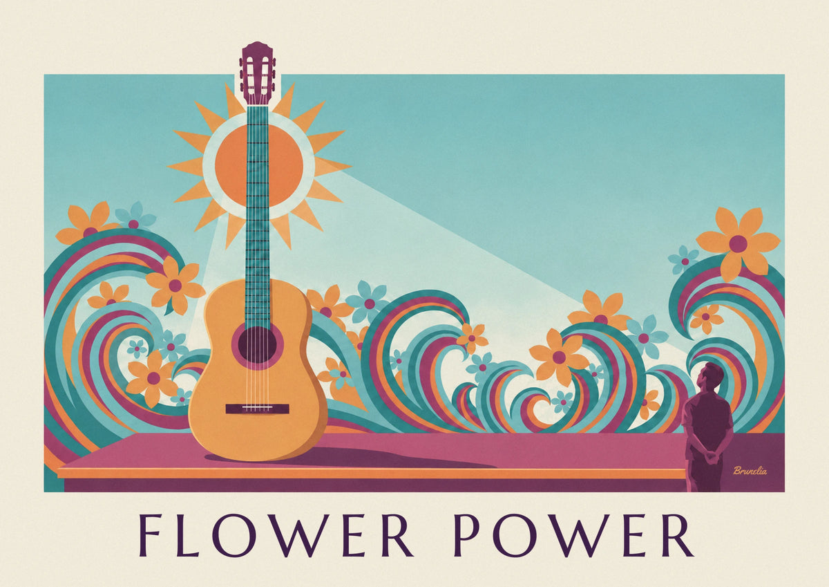 Acoustic guitar and psychedelic waves Flower Power poster