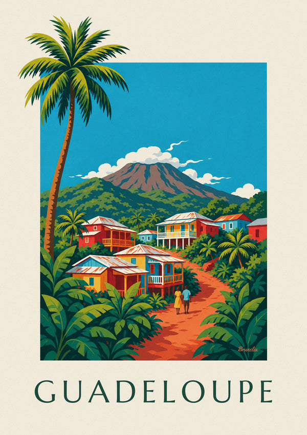 Affiche maisons créoles et volcan de la Soufrière en Guadeloupe