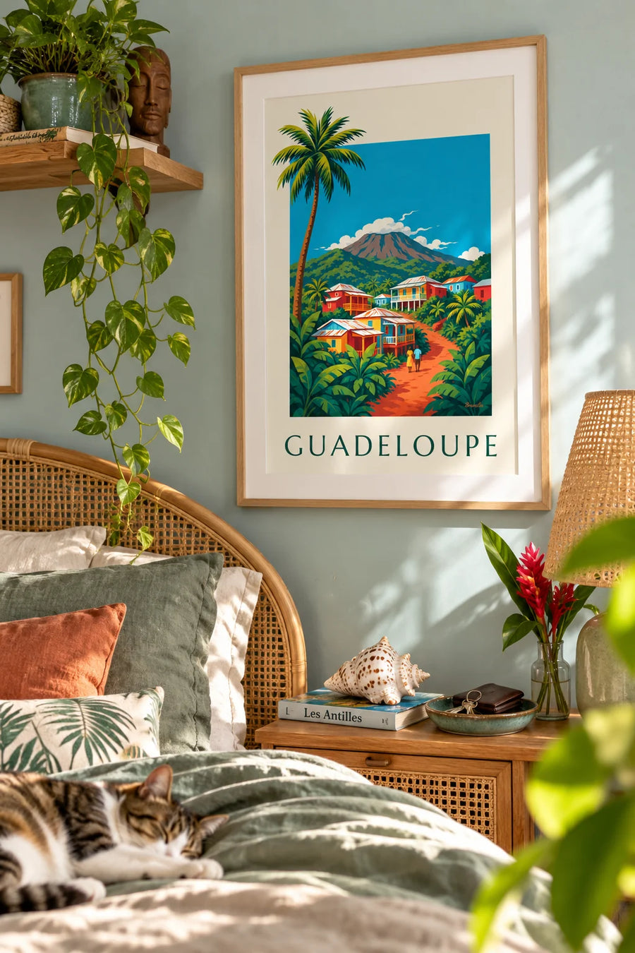 Plakat med kreolske huse og vulkanen La Soufrière på Guadeloupe: indrammet på væggen