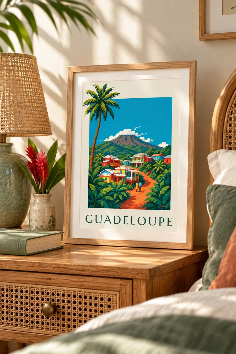 Plakat med kreolske huse og vulkanen La Soufrière på Guadeloupe: lille A4-format med ramme
