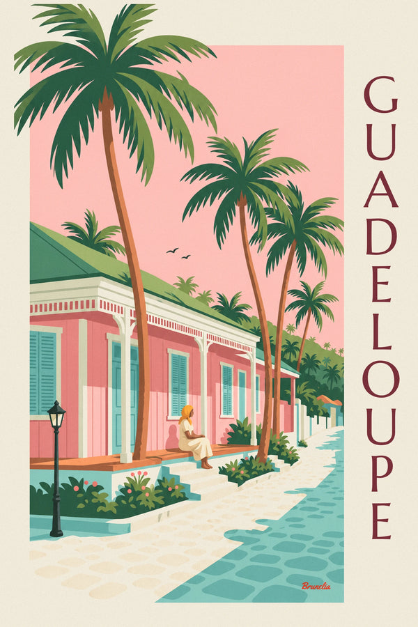 Plakat med lyserødt kreolsk hus under kokospalmerne i Guadeloupe