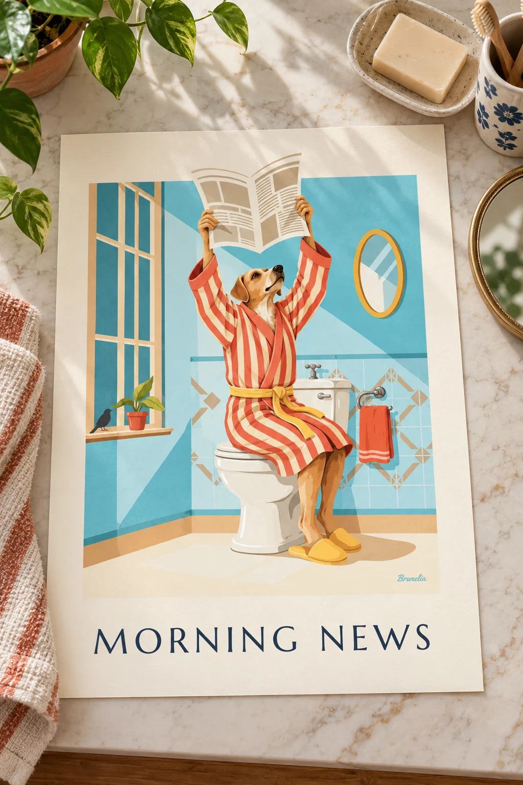 WC : mise en situation de Affiche chien en peignoir lisant le journal aux toilettes