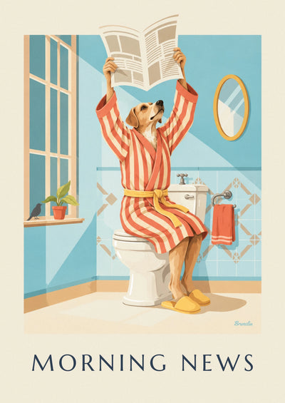 Affiche chien en peignoir lisant le journal aux toilettes : l'affiche entière
