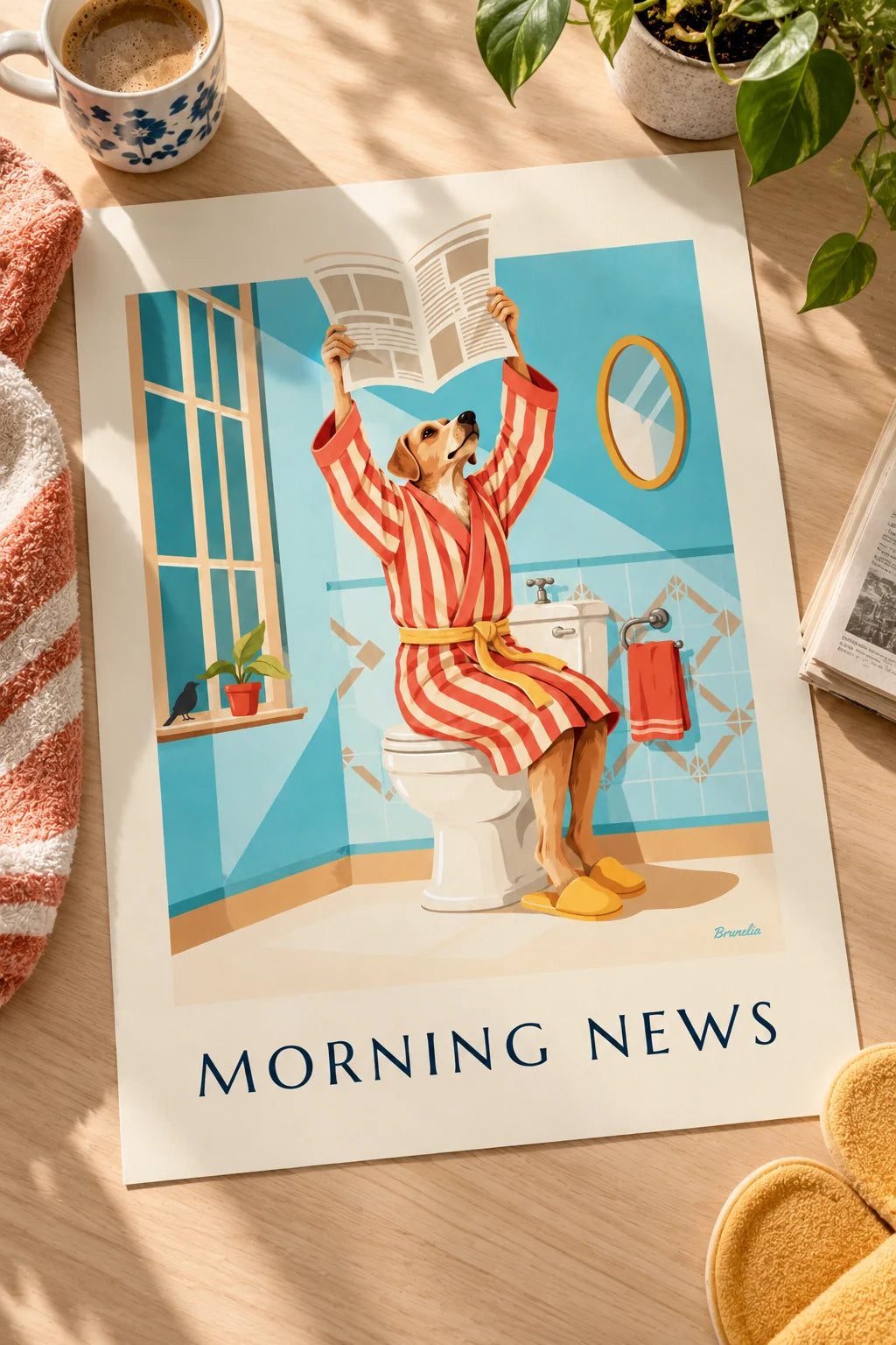 Powder room: Dog in a bathrobe reading the newspaper on the toilet poster on the wall