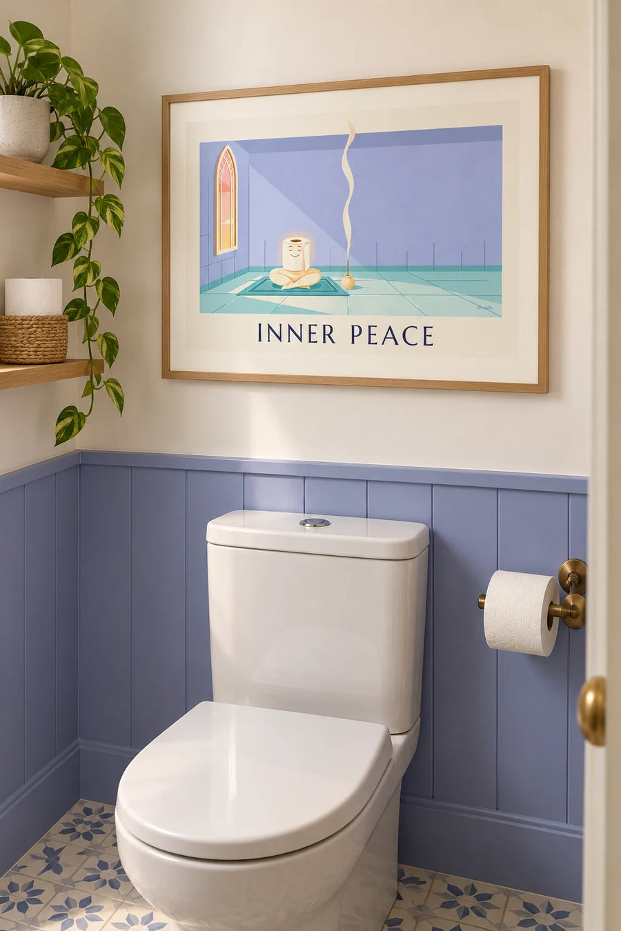 Plakat med toiletrulle i zenmeditation: indrammet på væggen
