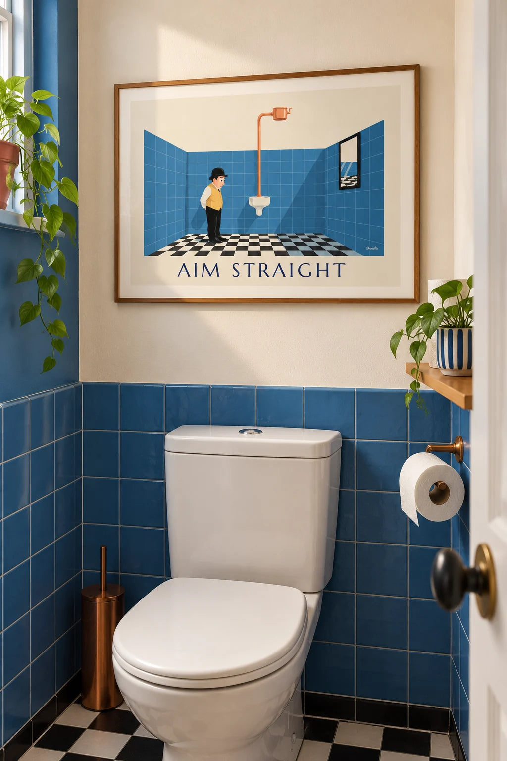 WC : mise en situation de Affiche humour WC, monsieur au chapeau melon face à l'urinoir