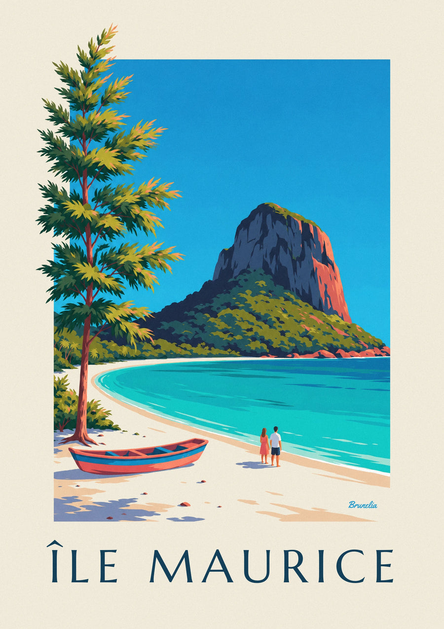 Plakat med Le Morne Brabant og lagunen på Mauritius
