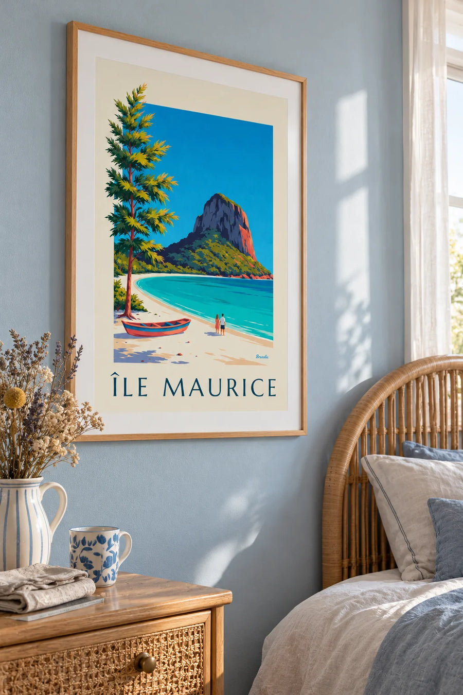 Plakat med Le Morne Brabant og lagunen på Mauritius: indrammet på væggen