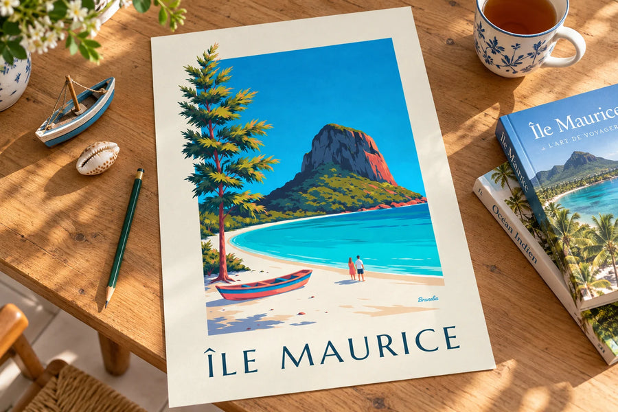 Plakat med Le Morne Brabant og lagunen på Mauritius: på et bord