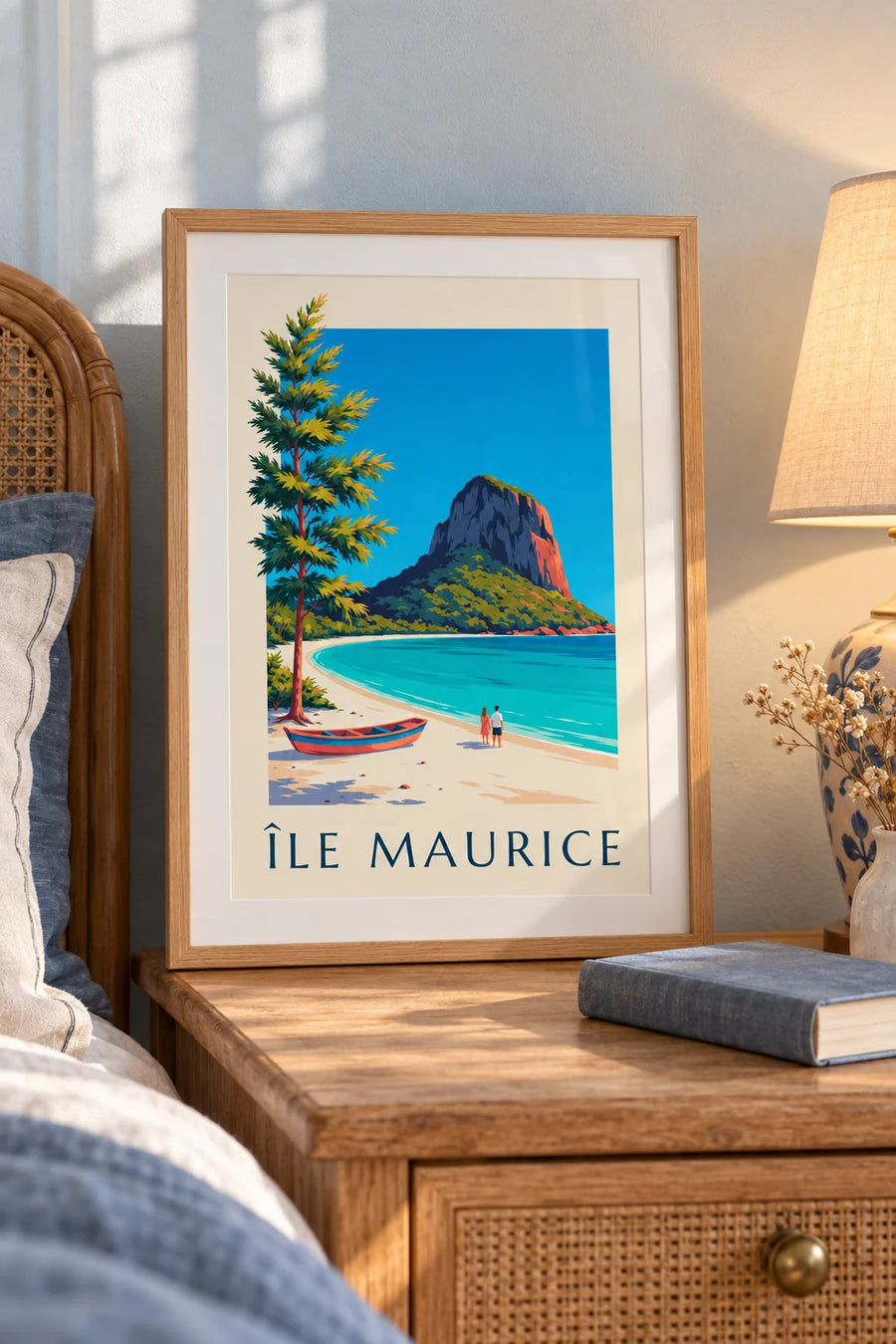 Plakat med Le Morne Brabant og lagunen på Mauritius: lille A4-plakat i ramme