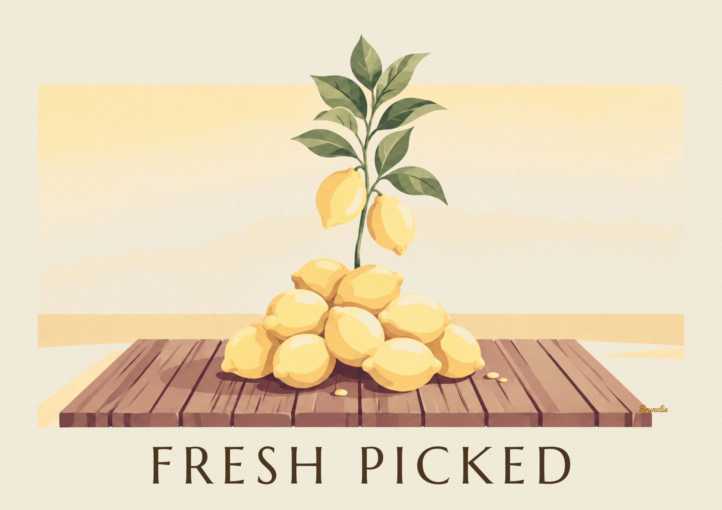 The pile of yellow lemons on the wooden board, beneath the branch and its green leaves