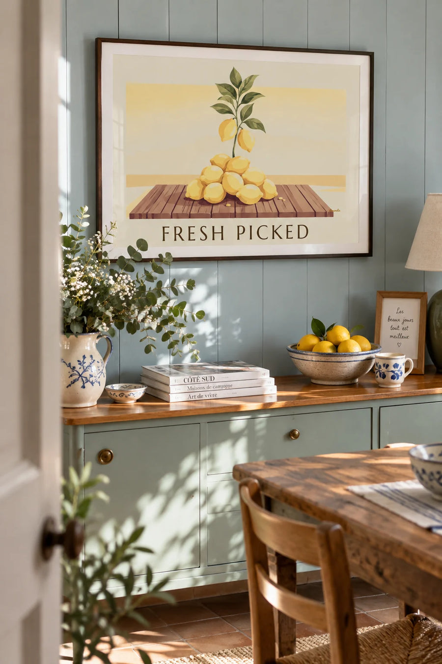 Poster of freshly picked lemons on a wooden board: framed on the wall