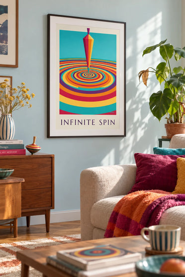 Plakat med snurretop midt i hypnotiske, farverige spiraler: indrammet på væggen