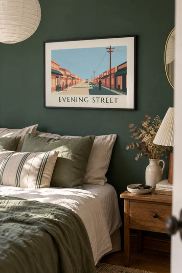 Poster of a Japanese shopping street at sunset: framed on the wall
