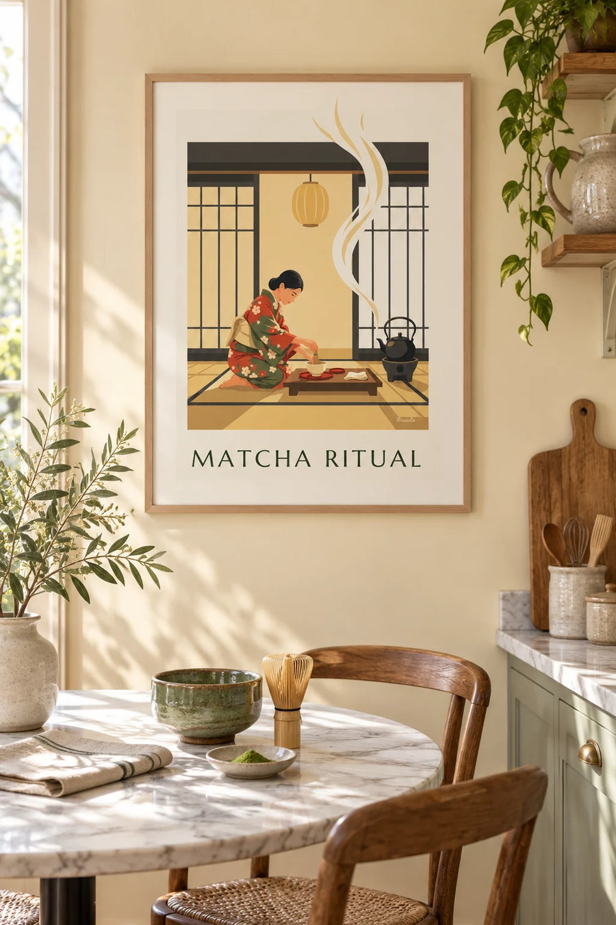 Plakat med teceremoni og skål matcha i Japan: indrammet på væggen