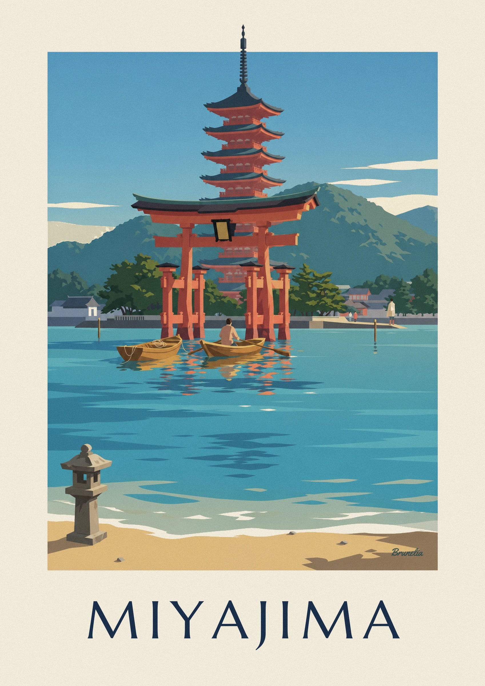 The large red torii gate in the water, with the 5-storey pagoda behind and a golden boat