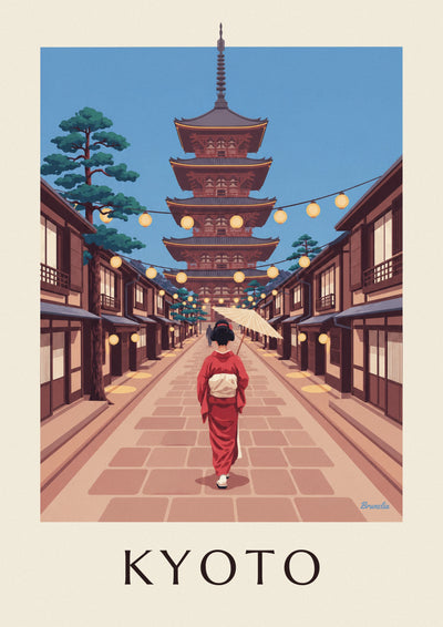 Plakat med geisha med parasol ved Yasaka-pagoden i Kyoto: hele plakaten