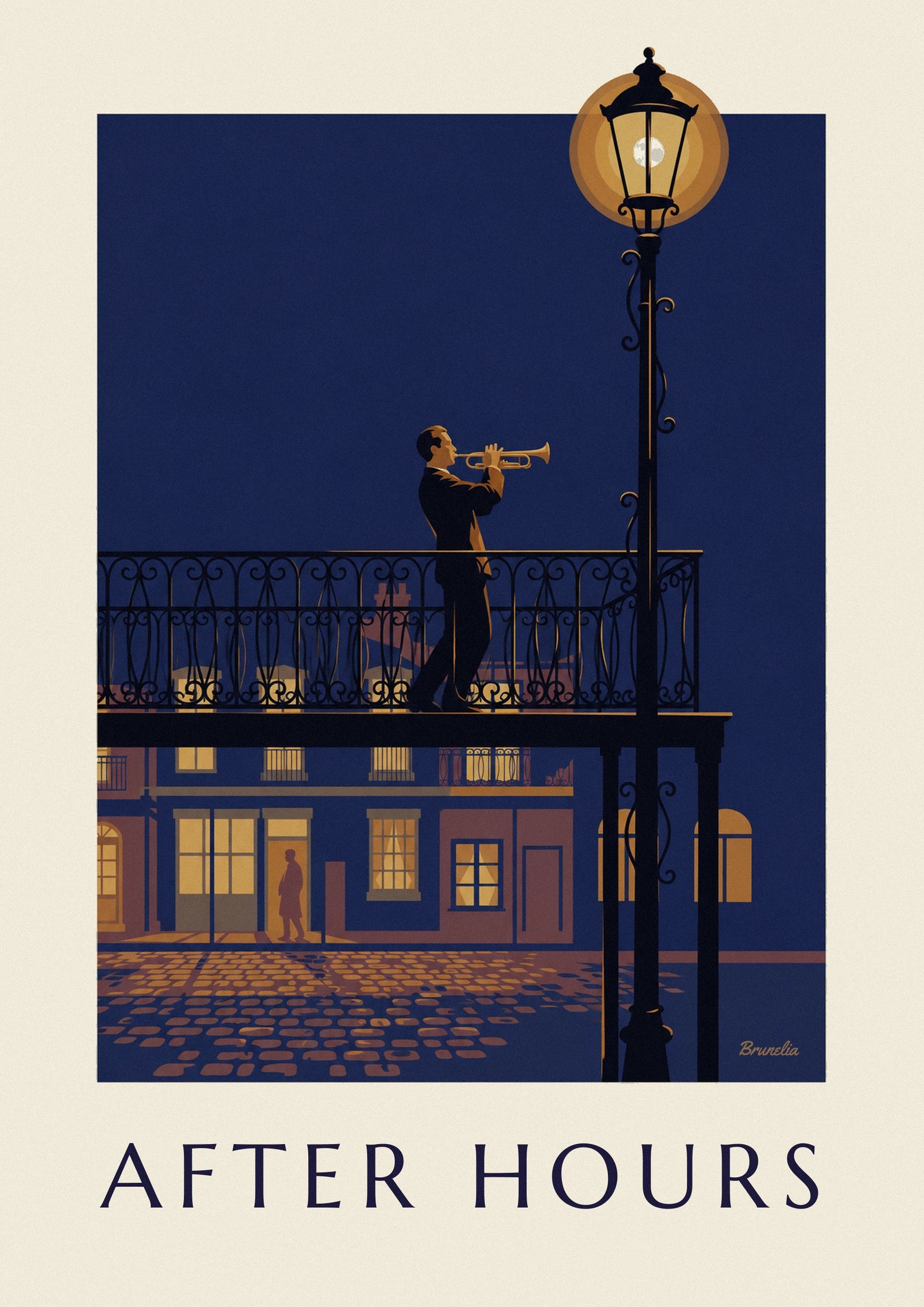 The trumpeter in a dark suit playing on his wrought-iron balcony, beneath the midnight-blue sky