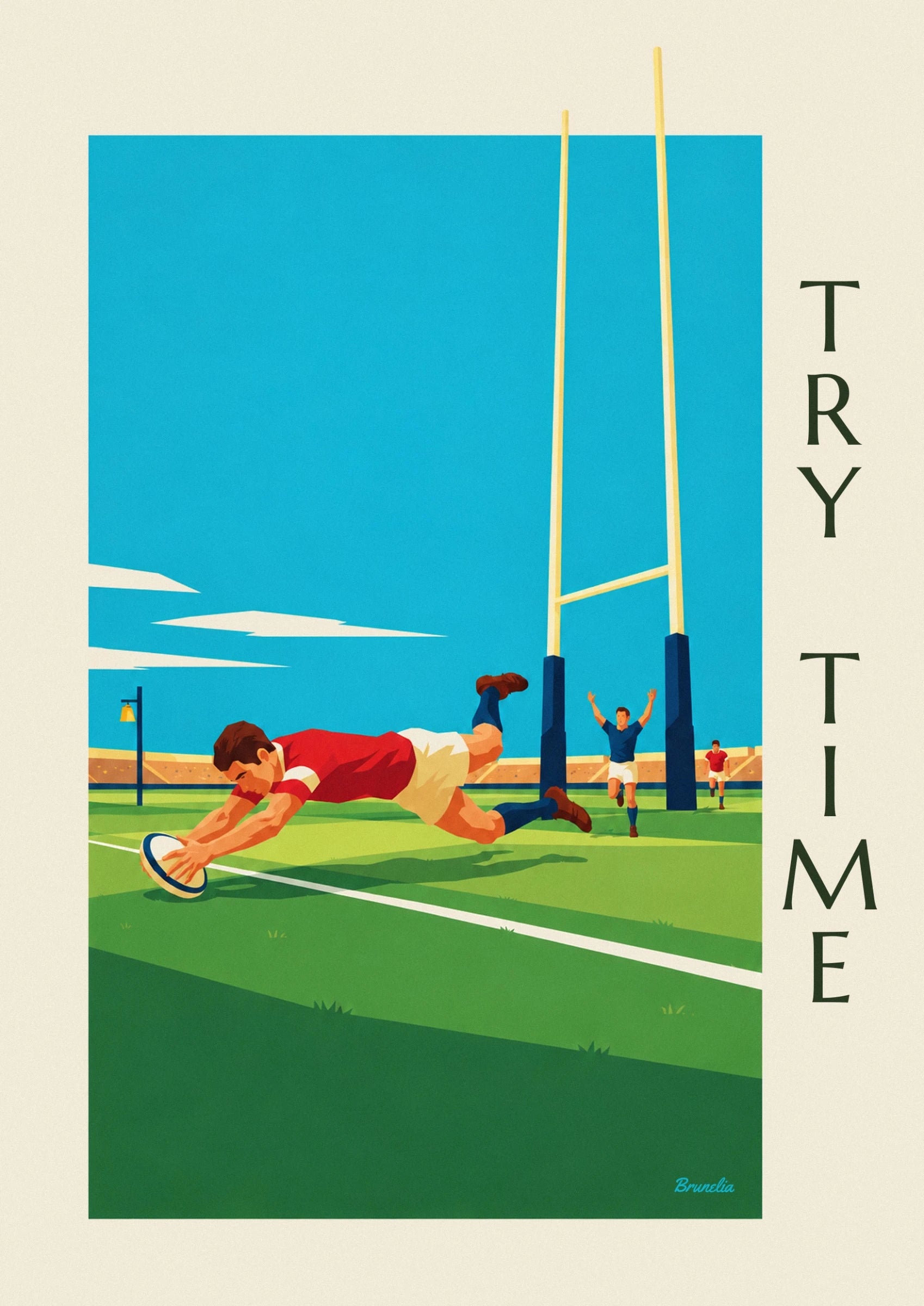 Affiche rugbyman marquant un essai en plongeon : détail en gros plan
