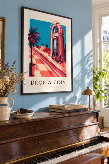 Affiche jukebox coloré aux néons dans un diner : encadrée au mur