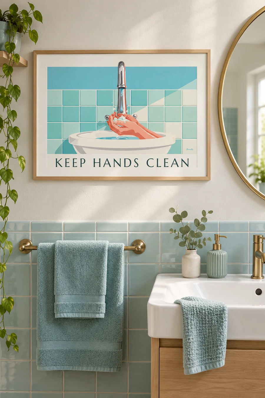 Plakat »Keep hands clean« om håndvask: indrammet på væggen