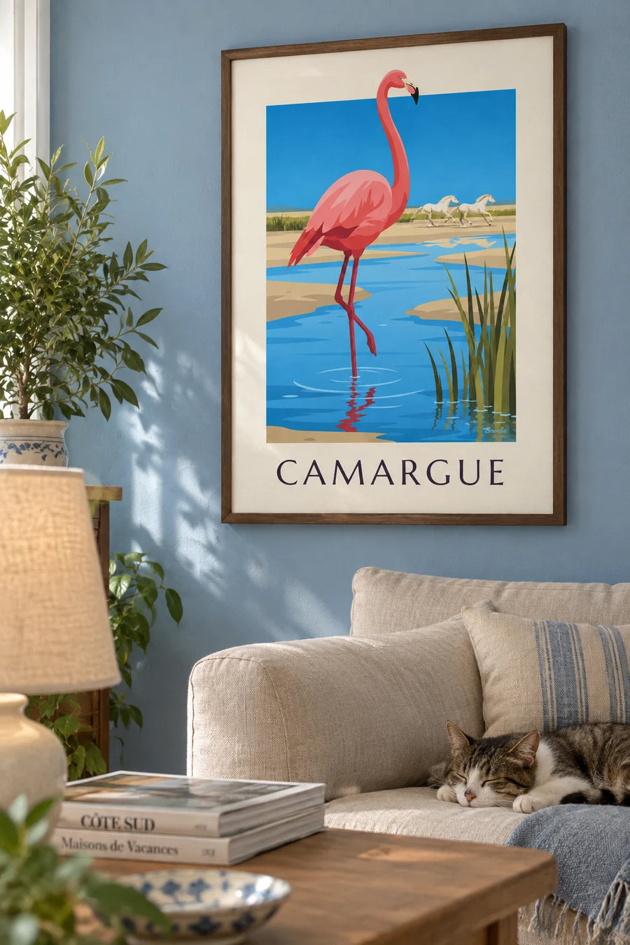 Poster of a pink flamingo and wild horses of the Camargue: framed on a wall