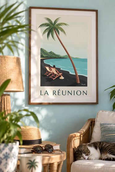 Plakat med liggestole med udsigt til havet på Réunion: indrammet på væggen