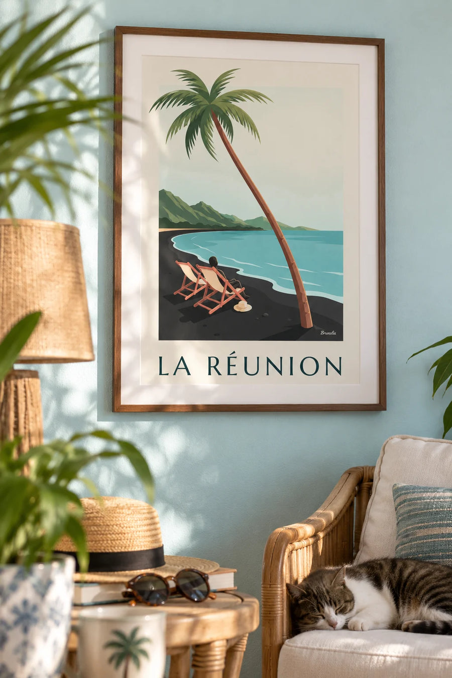 Plakat med liggestole med udsigt til havet på Réunion: indrammet på væggen