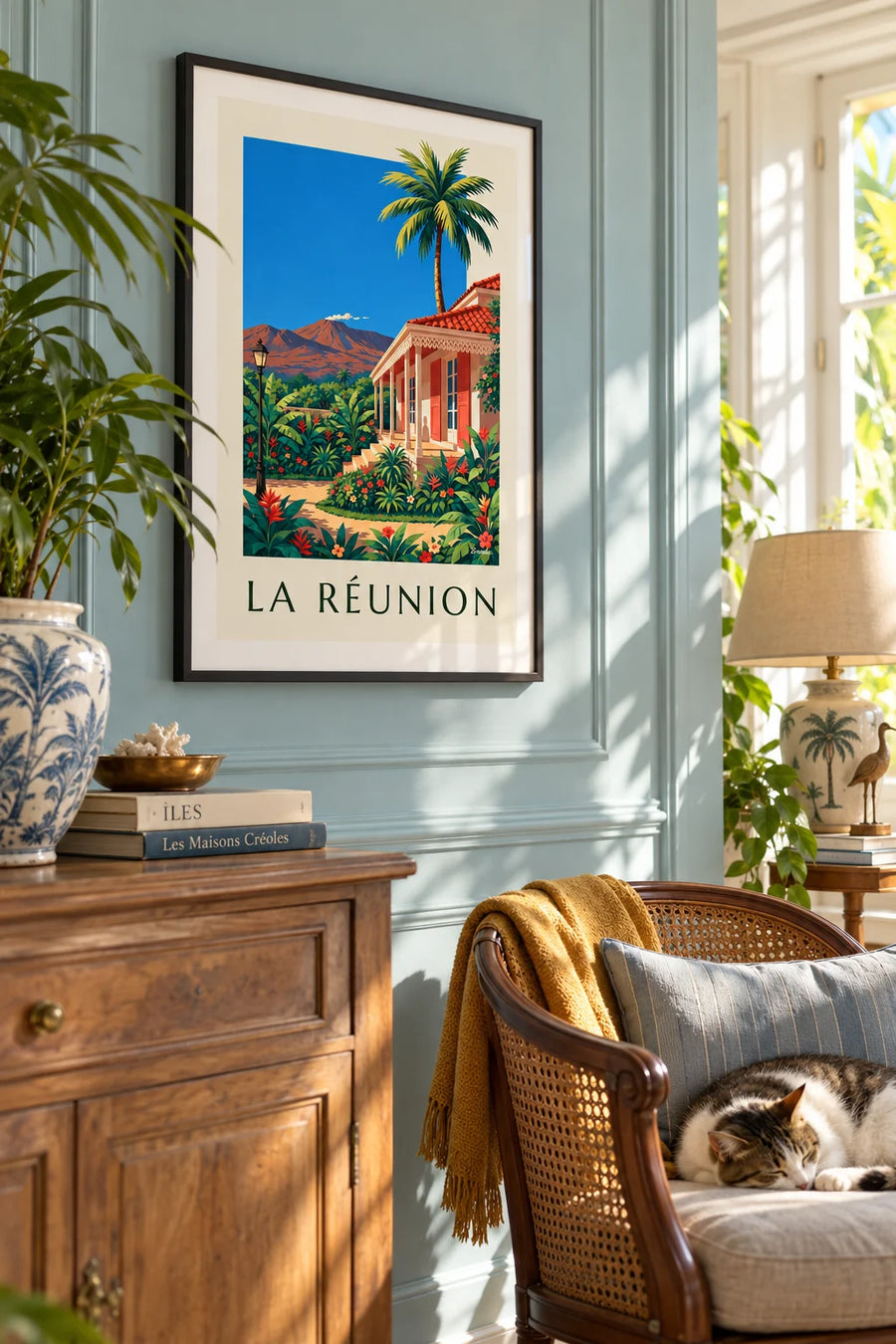 Plakat med kreolsk hus og Piton de la Fournaise på Réunion: indrammet på væggen